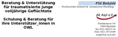 Schriftzug "Beratung & Unterstützung für traumatisierte junge volljährige Geflüchtete" + "Schulung & Beratung für ihre Unterstützer_innen in OWL" + Logo PSZ + Logo AK Asyl Bielefeld