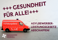 Krankenwagen und Slogan "Gesundheit für Alle!"